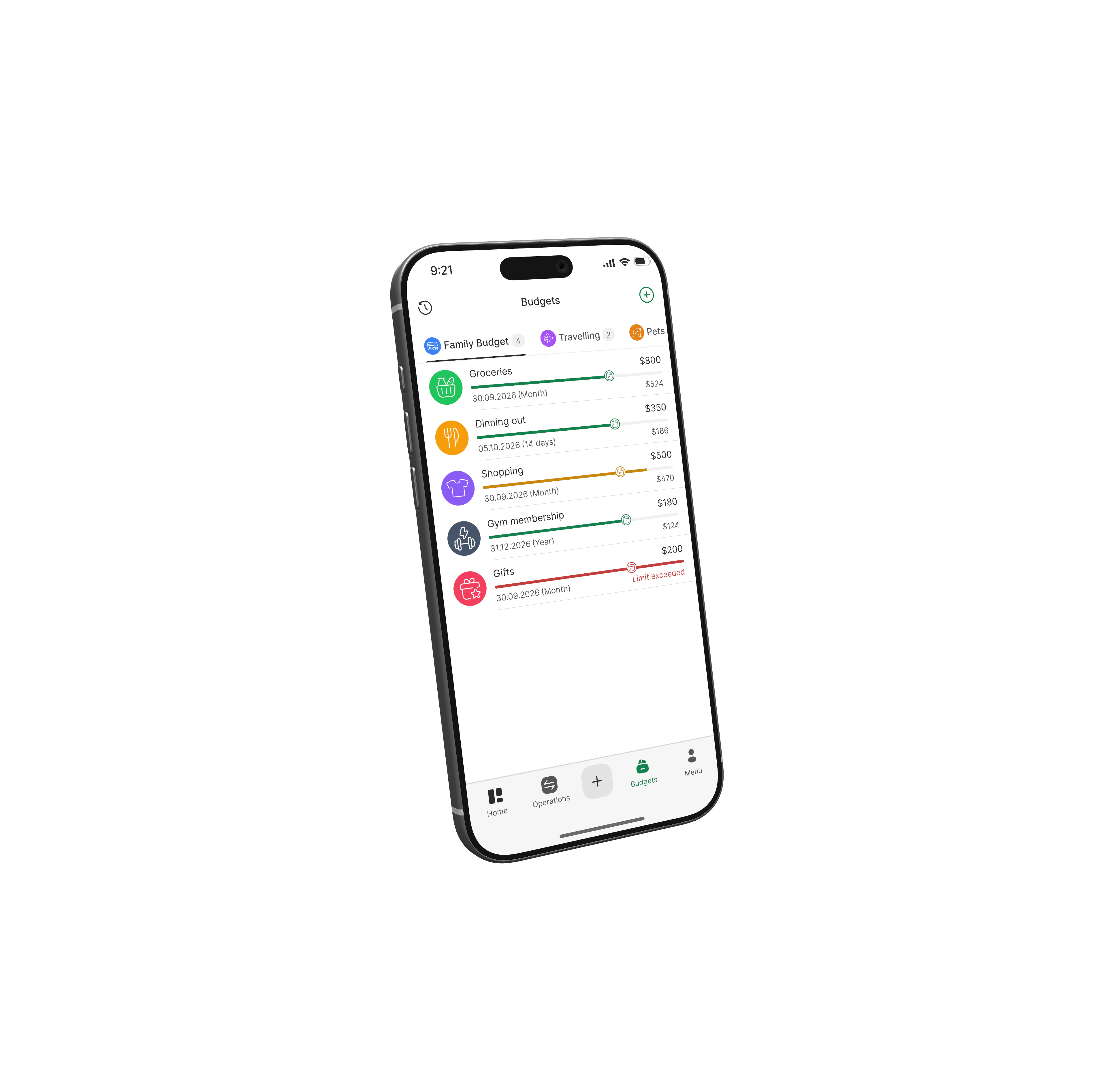 Budgets screen with category limits