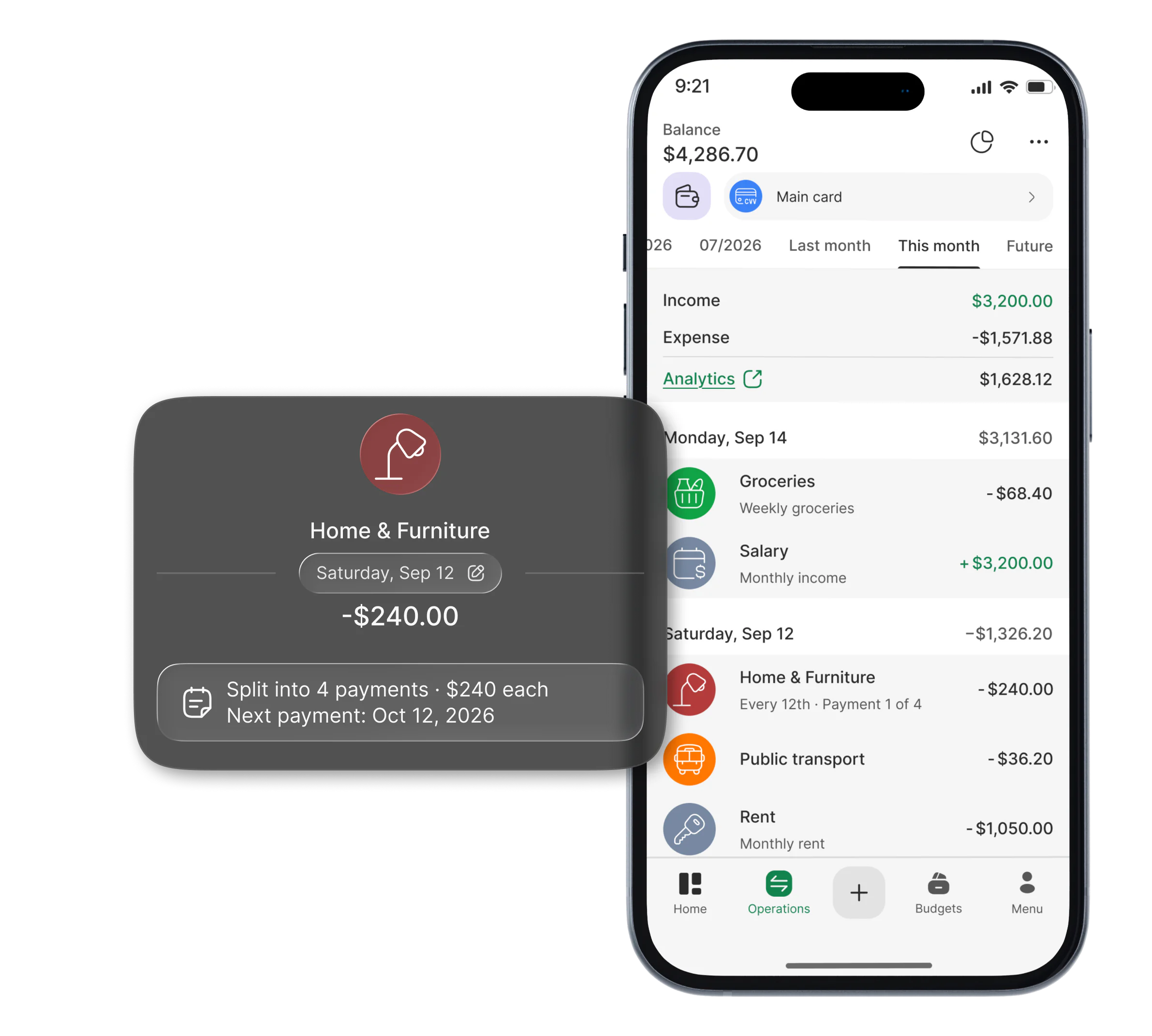 Transaction list with a purchase split into monthly payments